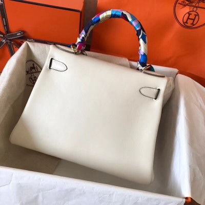 Hermes White Swift Kelly 28cm Handmade Bag LDBS243363