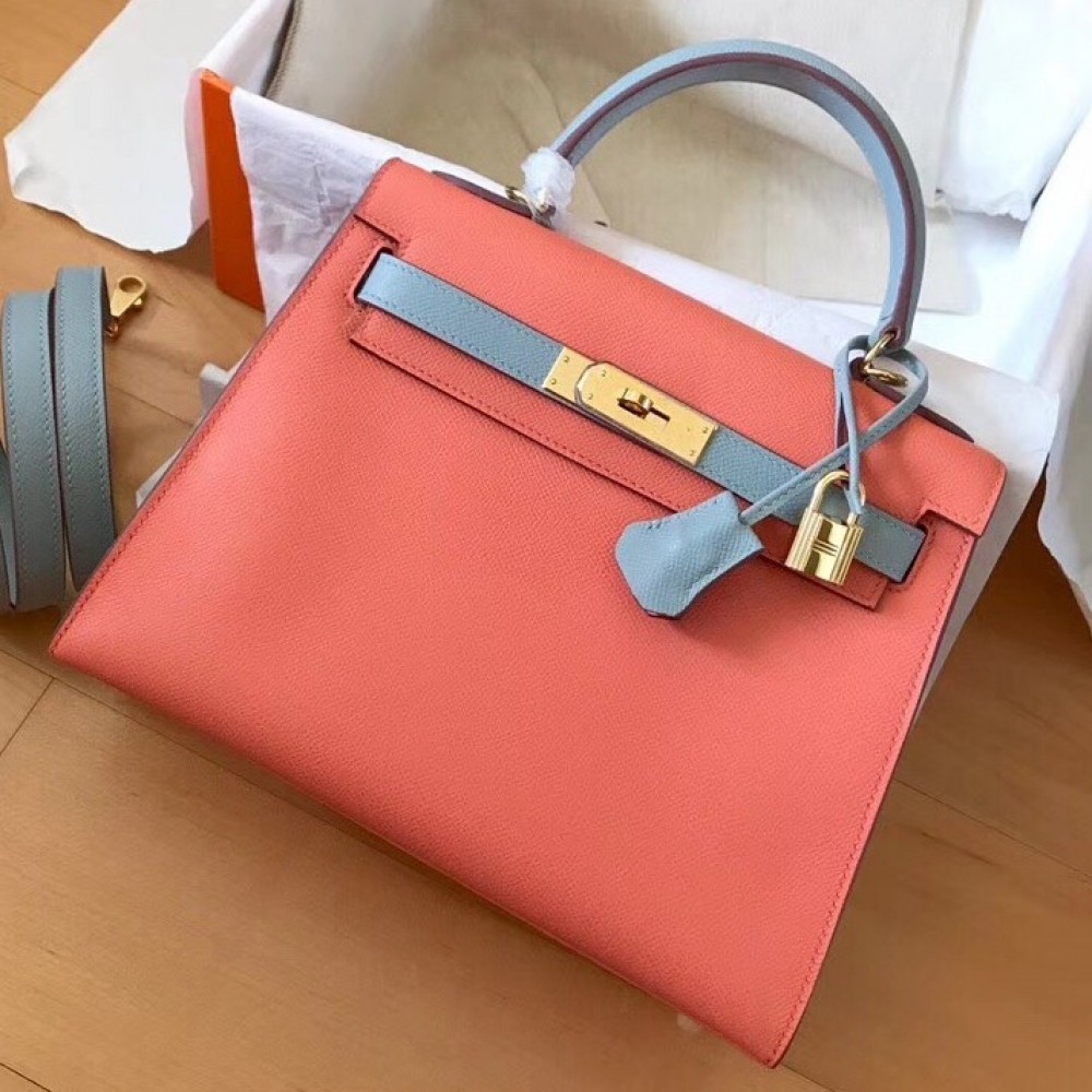 Hermes Bicolor Epsom Kelly 28cm Rose Lipstick Handmade Bag