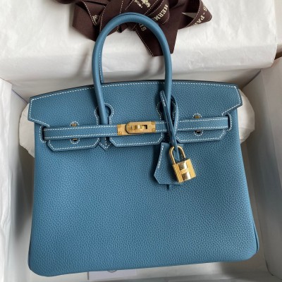 Hermes Birkin 25 Retourne Handmade Bag In Blue Jean Clemence Leather