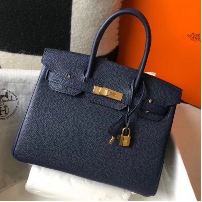 Hermes Birkin 30 Bag in Navy Blue Clemence Leather with GHW