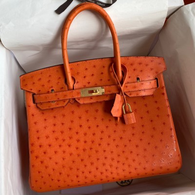 Hermes Birkin 30 Retourne Handmade Bag In Orange Ostrich Leather