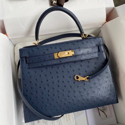 Hermes Blue Iris Ostrich Kelly 28cm Handmade Bag