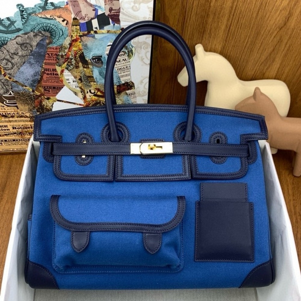 Hermes Cargo Birkin 35cm Limited-edition Bag in Blue Canvas