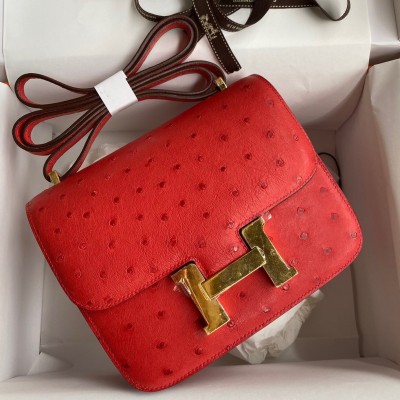 Hermes Constance 18 Handmade Bag In Red Ostrich Leather