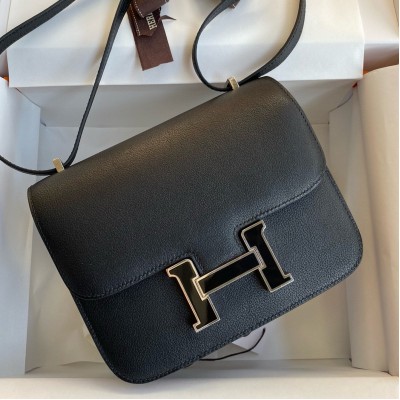 Hermes Constance Enamel 18 Handmade Bag In Black Swift Calfskin