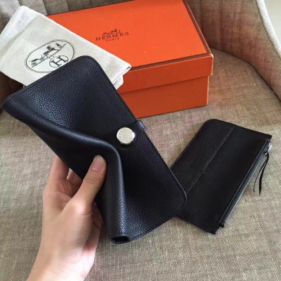 Hermes Dogon Duo Wallet in Black Clemence Leather