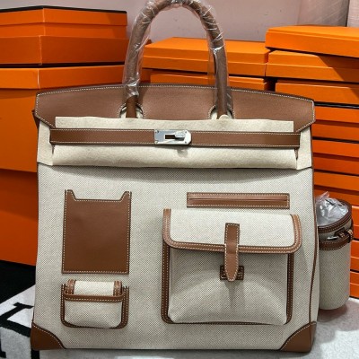 Hermes HAC Cargo Birkin 40 Handmade Bag in Toile with Gold Leather