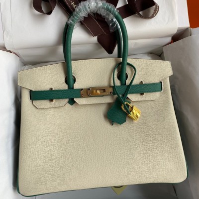 Hermes HSS Birkin 30 Bicolor Bag in Craie and Malachite Epsom Calfskin