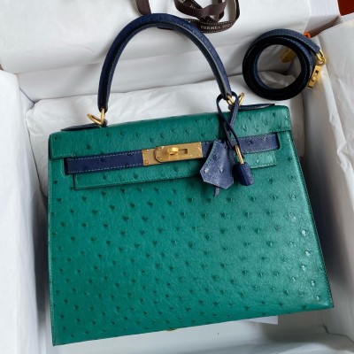 Hermes HSS Kelly 28 Bicolor Bag in Vert Vertigo and Blue Iris Ostrich Leather