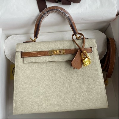 Hermes HSS Kelly Sellier 25 Bicolor Bag in Craie and Gold Epsom Calfskin