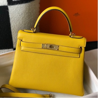 Hermes Kelly 25cm Retourne Bag in Jaune Ambre Clemence Leather GHW