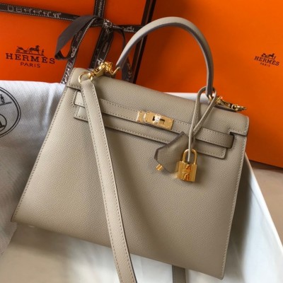 Hermes Kelly 25cm Sellier Bag in Gris Tourterelle Epsom Calfskin GHW