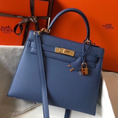 Hermes Kelly 28cm Sellier Bag in Blue Agate Epsom Calfskin GHW