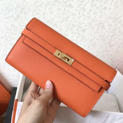 Hermes Kelly Classic Long Wallet In Orange Epsom Leather