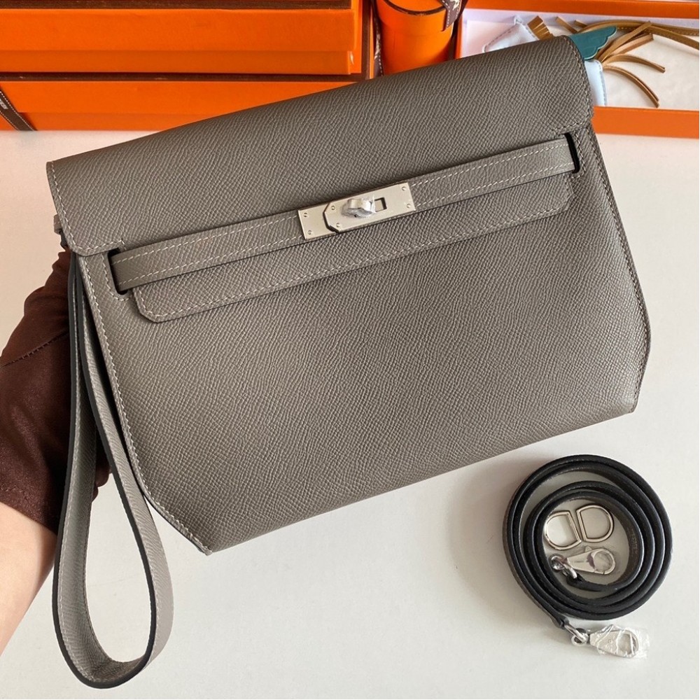 Hermes Kelly Depeches 25 Pouch in Etain Epsom Calfskin