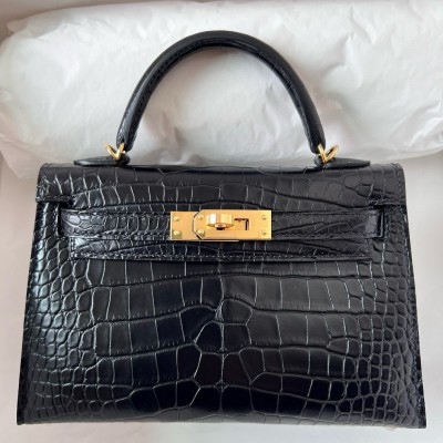 Hermes Kelly Mini II Sellier Handmade Bag in Black Matte Alligator Leather