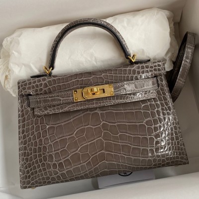 Hermes Kelly Mini II Sellier Handmade Bag In Gris Tourterelle Shiny Alligator Leather