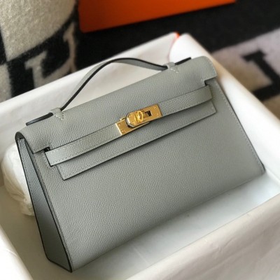 Hermes Kelly Pochette Clutch Bag In Blue Glacier Epsom Leather