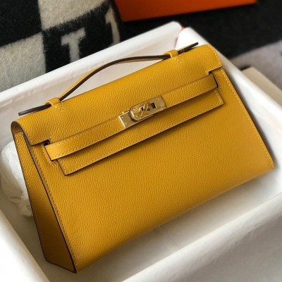 Hermes Kelly Pochette Clutch Bag In Yellow Epsom Leather