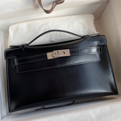 Hermes Kelly Pochette Handmade Bag In Black Box Calfskin