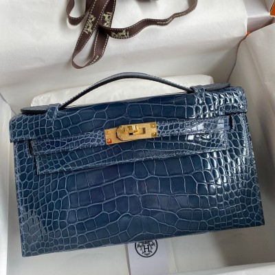 Hermes Kelly Pochette Handmade Bag In Vert Bosphore Shiny Alligator Leather