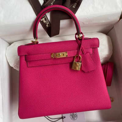 Hermes Kelly Retourne 25 Handmade Bag In Framboise Clemence Leather