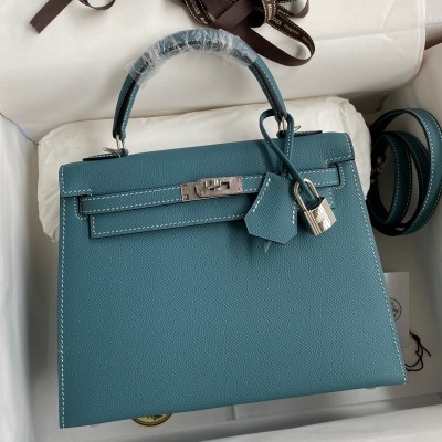 Hermes Kelly Sellier 25 Handmade Bag In Blue Jean Epsom Calfskin