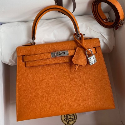 Hermes Kelly Sellier 25 Handmade Bag In Orange Epsom Calfskin