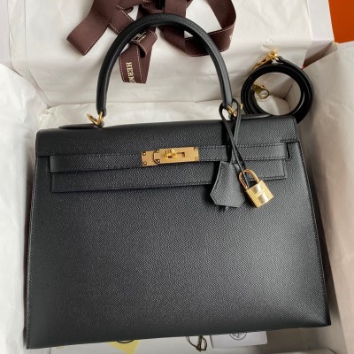 Hermes Kelly Sellier 32 Handmade Bag In Black Epsom Calfskin