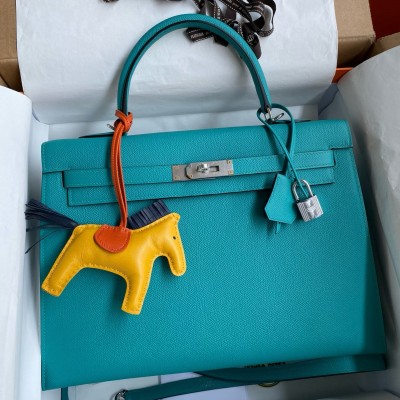 Hermes Kelly Sellier 32 Handmade Bag in Blue Paon Epsom Calfskin