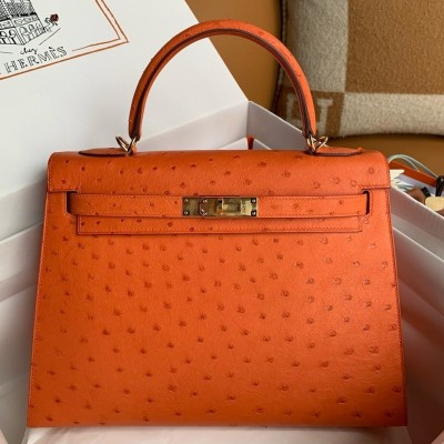 Hermes Kelly Sellier 32 Handmade Bag in Orange Ostrich Leather