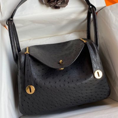 Hermes Lindy 30 Handmade Bag In Black Ostrich Leather