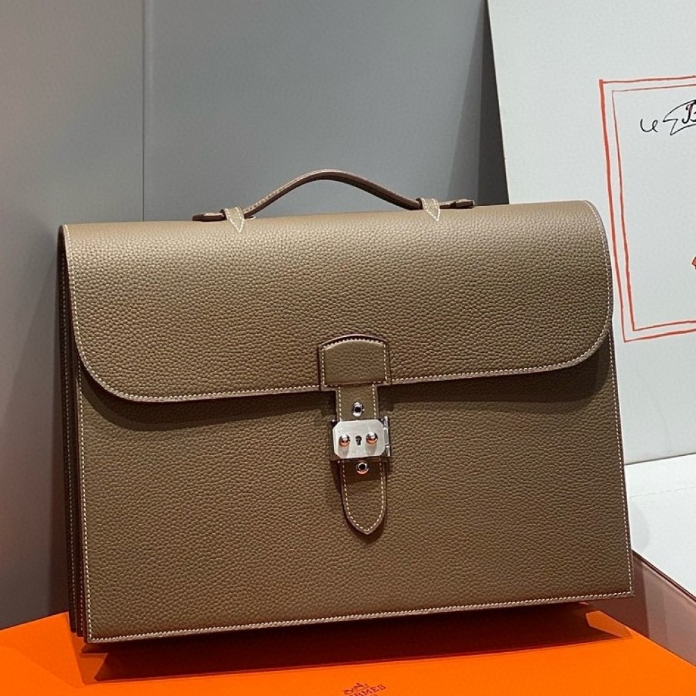 Hermes Sac a Depeches 38 Briefcase in Taupe Clemence Leather