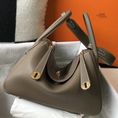 Hermes Taupe Grey Clemence Lindy 30cm Bag with GHW