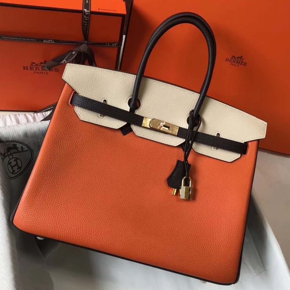 Hermes Tri-Color Birkin 35cm Bag In Orange/White/Black Clemence Leather