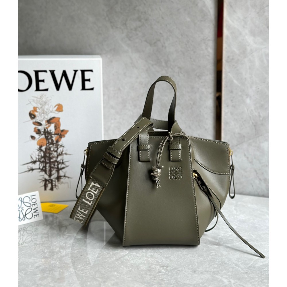 Loewe Compact Hammock Bag in Khaki Green Satin Calfskin LDBS244309