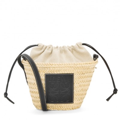 Loewe Drawstring Bucket Bag in Palm Leaf and Black Calfskin LDBS244322