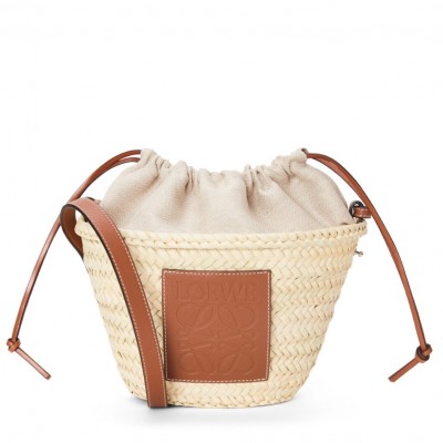 Loewe Drawstring Bucket Bag in Palm Leaf and Brown Calfskin LDBS244323