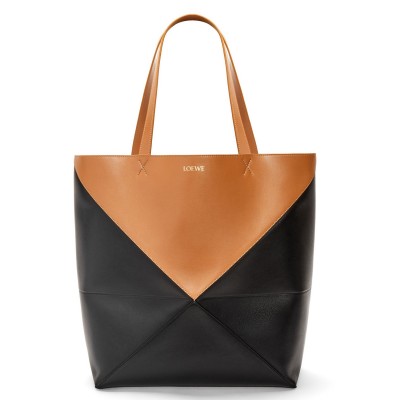 Loewe Large Puzzle Fold Tote Bag in Tan and Black Calfskin LDBS244381