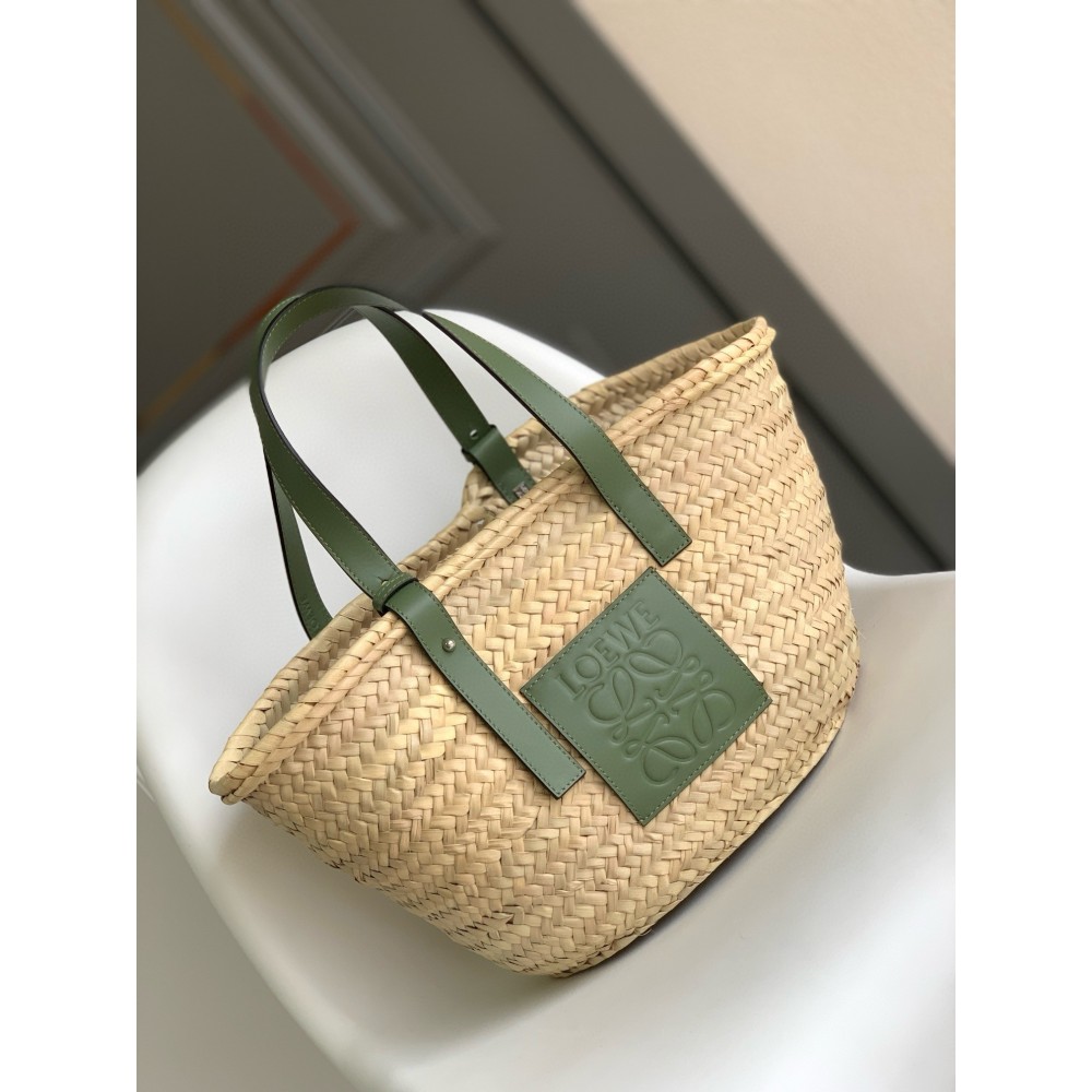 Loewe Medium Basket Bag in Raffia and Rosemary Calfskin LDBS244392