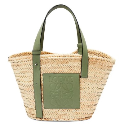 Loewe Medium Basket Bag in Raffia and Rosemary Calfskin LDBS244392