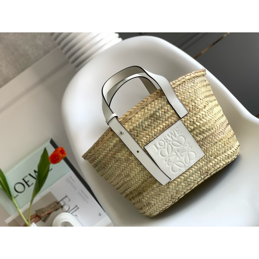 Loewe Medium Basket Bag in Raffia and White Calfskin LDBS244393