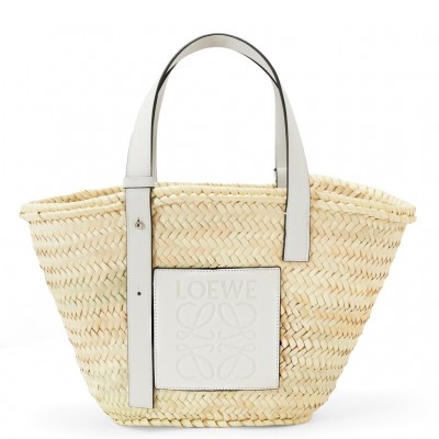 Loewe Medium Basket Bag in Raffia and White Calfskin LDBS244393