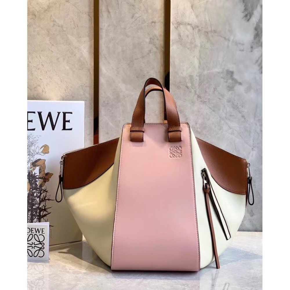 Loewe Medium Hammock Bag In Pink/Milk/Tan Calfskin LDBS244399