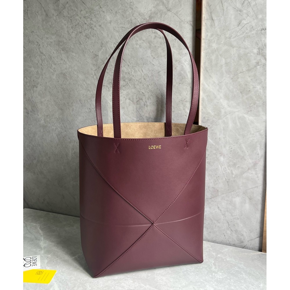 Loewe Medium Puzzle Fold Tote Bag in Bordeaux Calfskin LDBS244413