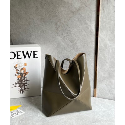 Loewe Medium Puzzle Fold Tote Bag in Dark Green Calfskin LDBS244414