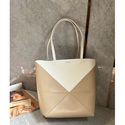 Loewe Medium Puzzle Fold Tote Bag in White/Beige Calfskin LDBS244417