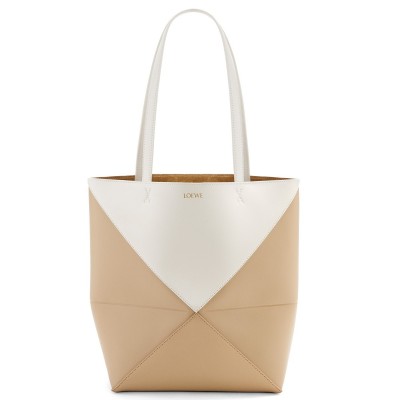 Loewe Medium Puzzle Fold Tote Bag in White/Beige Calfskin LDBS244417