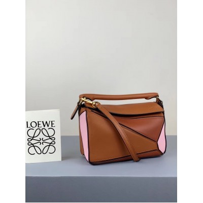 Loewe Mini Puzzle Bag In Brown/Camel/Pink Calfskin LDBS244465