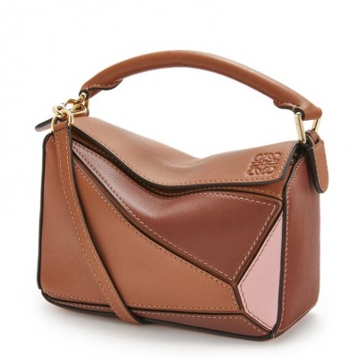 Loewe Mini Puzzle Bag In Brown/Camel/Pink Calfskin LDBS244465